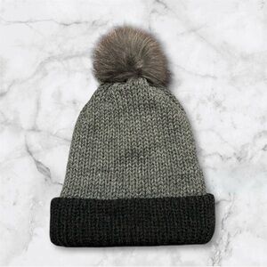 Handmade Gray and Black Knit Beanie with Faux Pom